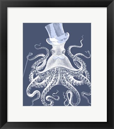 Framed White Octopus on Indigo Blue b Print