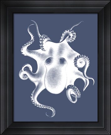 Framed White Octopus on Indigo Blue d Print