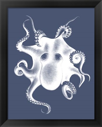 Framed White Octopus on Indigo Blue d Print