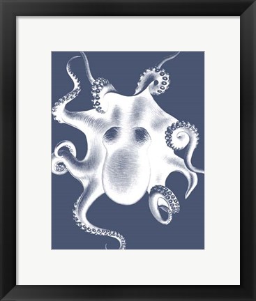 Framed White Octopus on Indigo Blue d Print