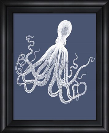 Framed White Octopus on Indigo Blue e Print