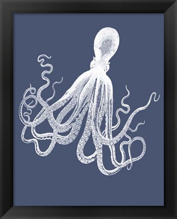 Framed White Octopus on Indigo Blue e Print