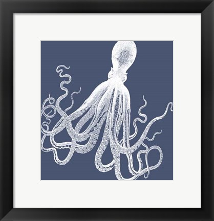 Framed White Octopus on Indigo Blue e Print