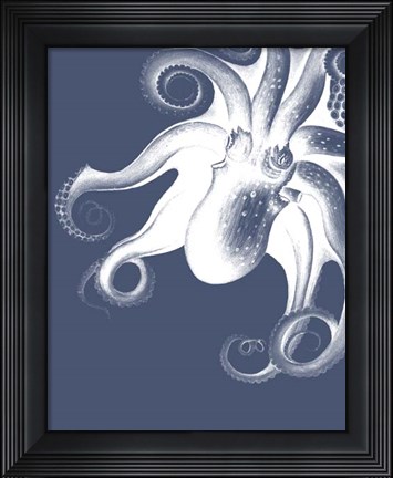 Framed White Octopus on Indigo Blue f Print