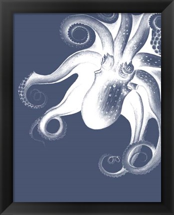 Framed White Octopus on Indigo Blue f Print