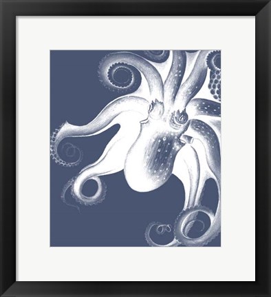 Framed White Octopus on Indigo Blue f Print
