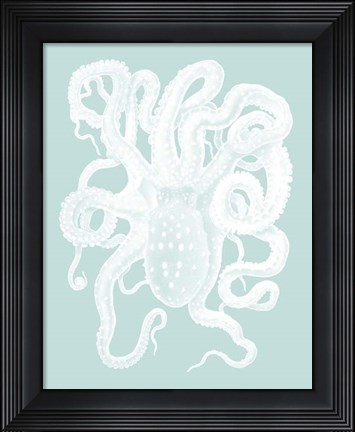 Framed White Octopus on Seafoam a Print