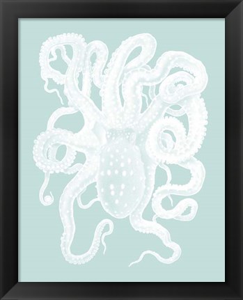 Framed White Octopus on Seafoam a Print