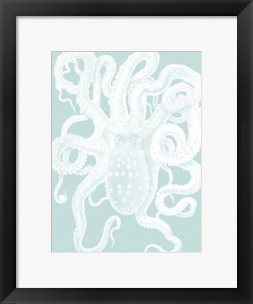 Framed White Octopus on Seafoam a Print