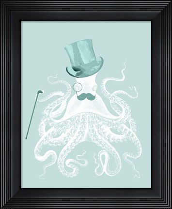 Framed White Octopus on Seafoam b Print