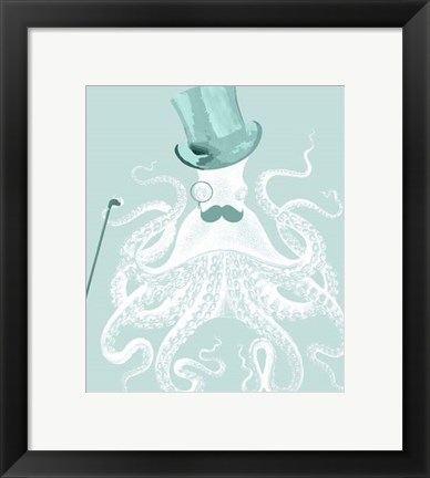 Framed White Octopus on Seafoam b Print