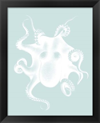 Framed White Octopus on Seafoam d Print