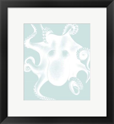 Framed White Octopus on Seafoam d Print