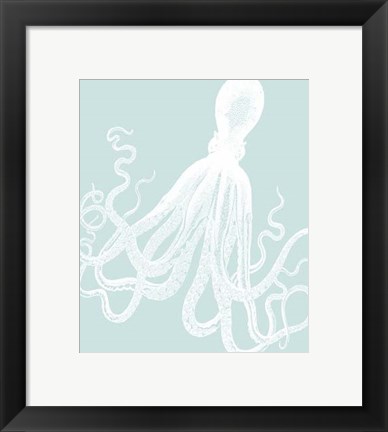 Framed White Octopus on Seafoam e Print