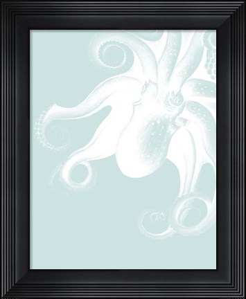 Framed White Octopus on Seafoam f Print