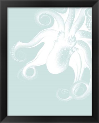 Framed White Octopus on Seafoam f Print