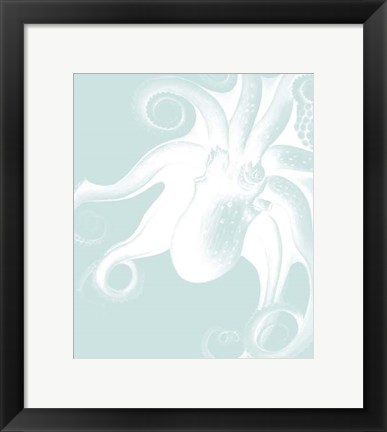 Framed White Octopus on Seafoam f Print