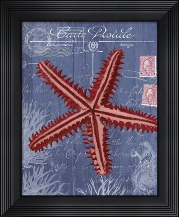 Framed Seaside Postcard Red on Blue a Print