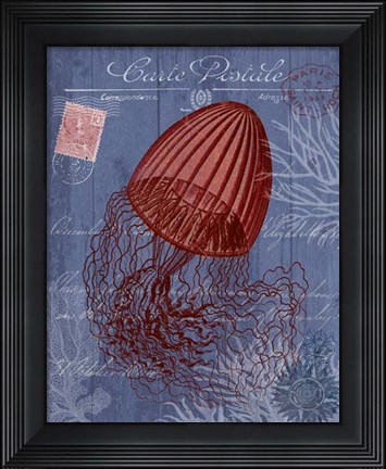 Framed Seaside Postcard Red on Blue e Print