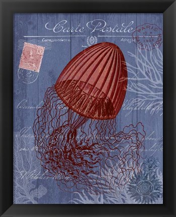 Framed Seaside Postcard Red on Blue e Print