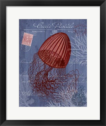 Framed Seaside Postcard Red on Blue e Print