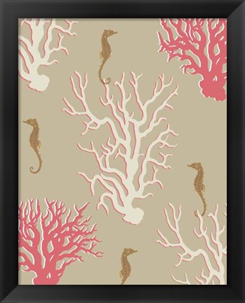 Framed Coral and Seahorse in Beige Print