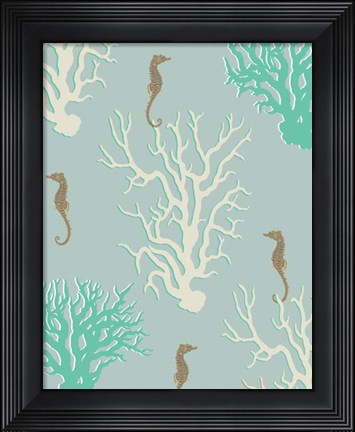 Framed Coral and Seahorse in Seafoam Print