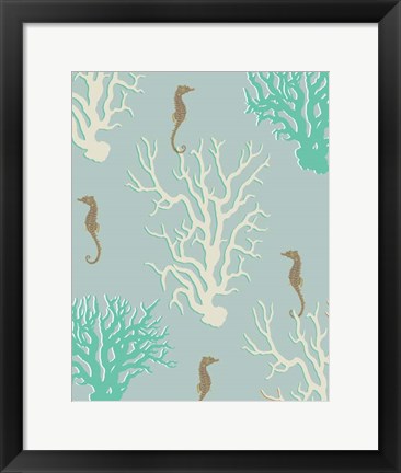 Framed Coral and Seahorse in Seafoam Print