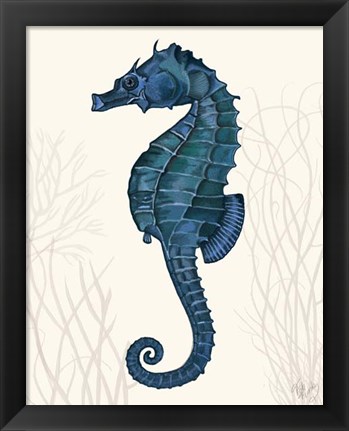 Framed Blue Seahorses on Cream b Print