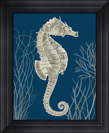 Framed Silver Grey Seahorses on Blue a Print