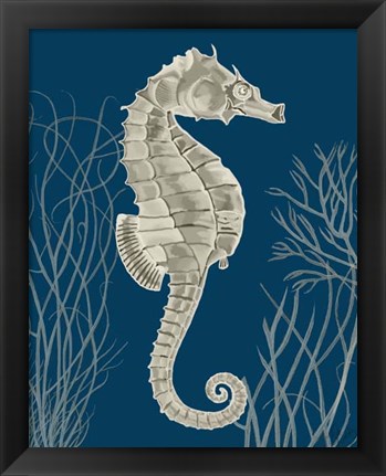 Framed Silver Grey Seahorses on Blue a Print