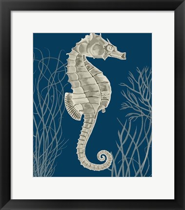 Framed Silver Grey Seahorses on Blue a Print