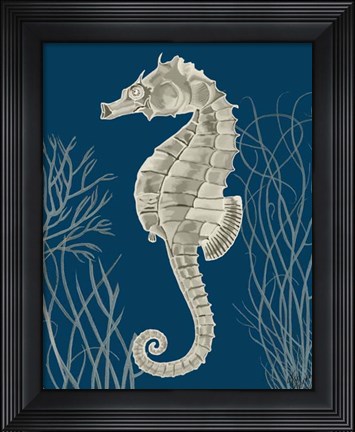 Framed Silver Grey Seahorses on Blueb Print