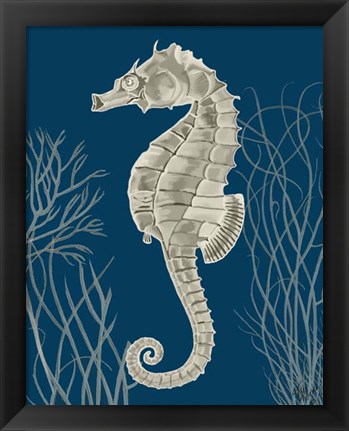 Framed Silver Grey Seahorses on Blueb Print