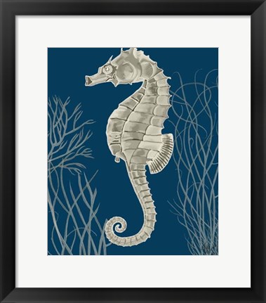 Framed Silver Grey Seahorses on Blueb Print