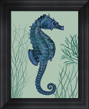 Framed Blue Seahorses on Light Green Sage a Print