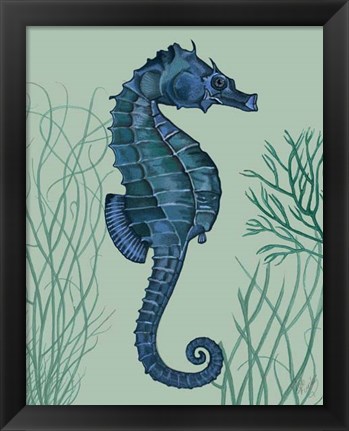 Framed Blue Seahorses on Light Green Sage a Print