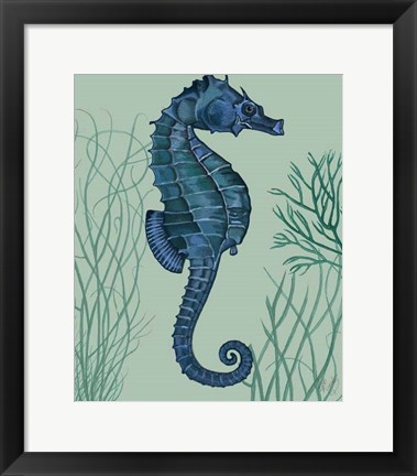 Framed Blue Seahorses on Light Green Sage a Print