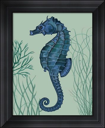 Framed Blue Seahorses on Light Green Sage b Print