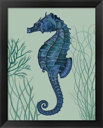 Framed Blue Seahorses on Light Green Sage b Print