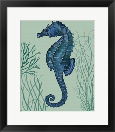 Framed Blue Seahorses on Light Green Sage b Print