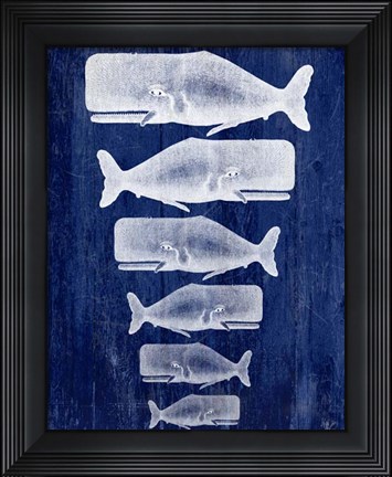 Framed Whale Family White On Blue Print