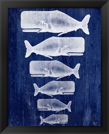Framed Whale Family White On Blue Print