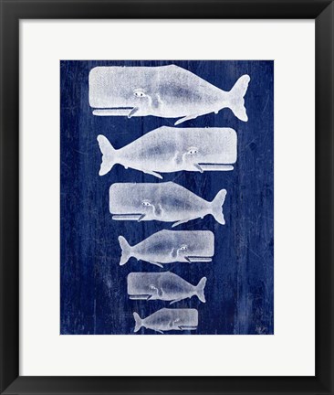Framed Whale Family White On Blue Print