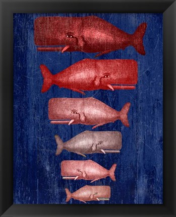 Framed Whale Family Red On Blue Print