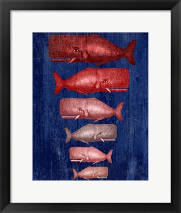 Framed Whale Family Red On Blue Print