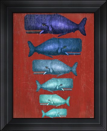 Framed Whale Family Blue on Red Print