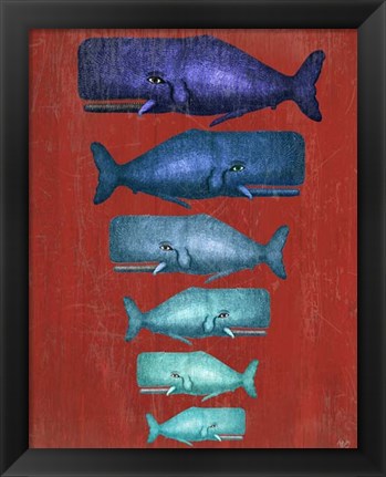 Framed Whale Family Blue on Red Print