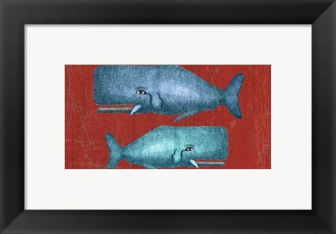 Framed Whale Family Blue on Red Print