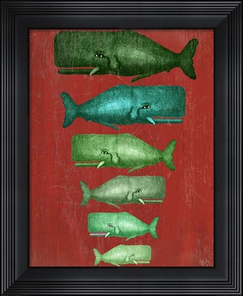 Framed Whale Family Green on Red Print